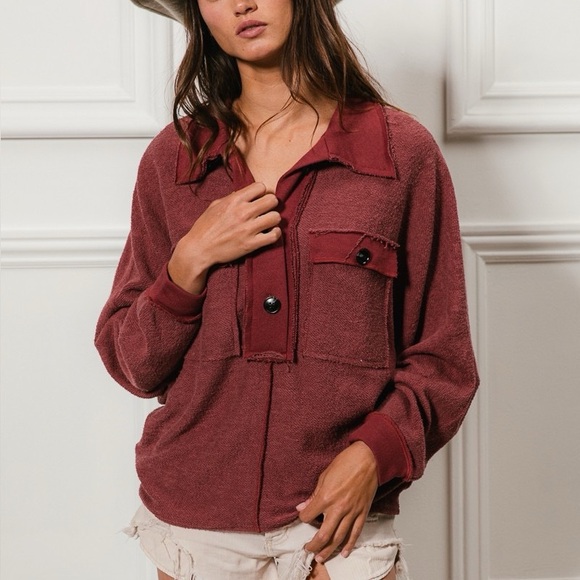 BiBi Maroon Cp French Terry Cut Edge Detail Collared Top - Picture 1 of 8